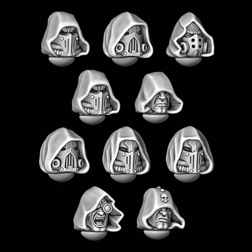 Assorted Hooded Heads and Helmets - Set of 10